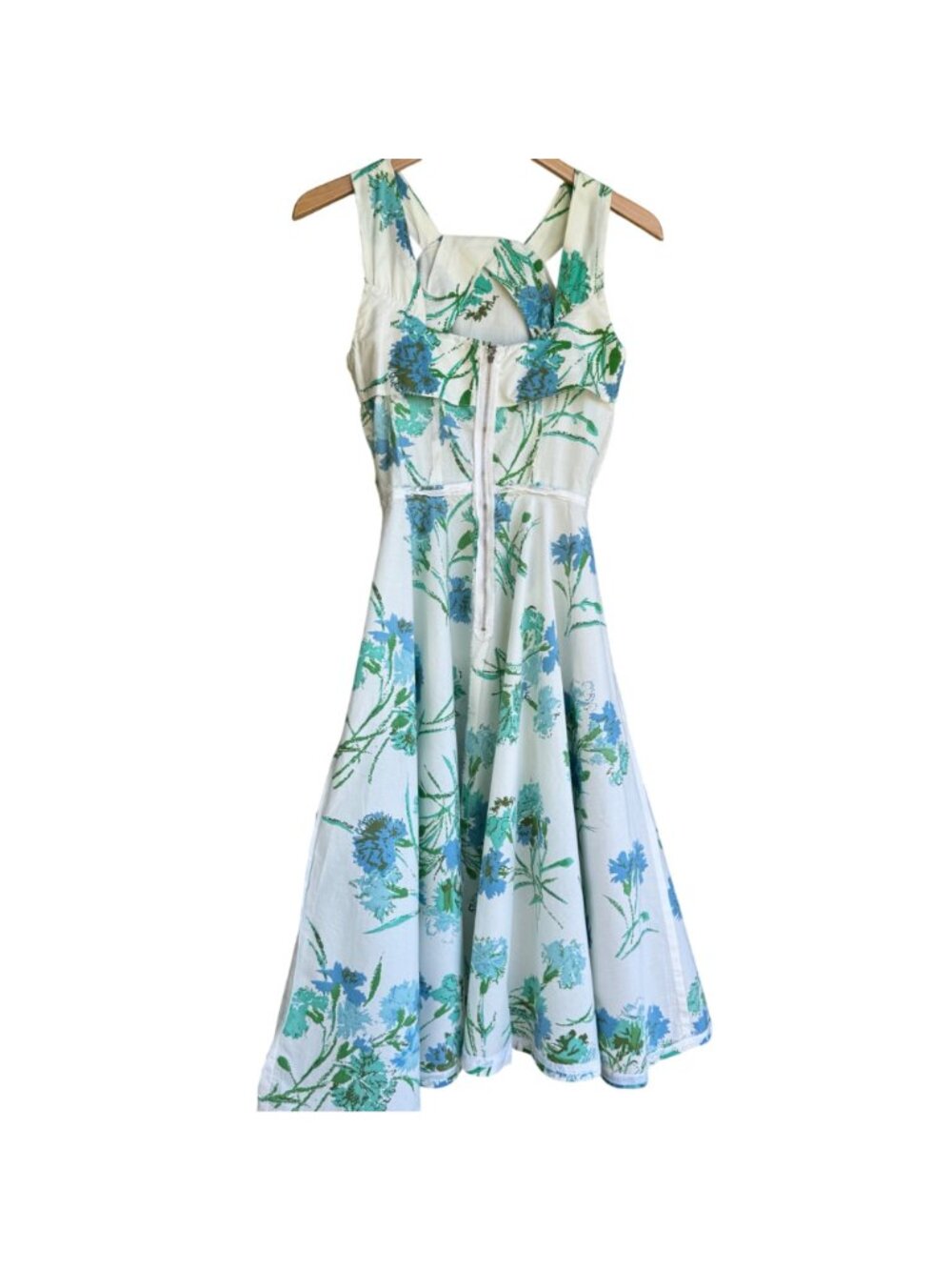 Womens Floral Sundress White & Blue Sleeveless Fit & Flare M (12) Vintage 50s - Picture 7 of 16